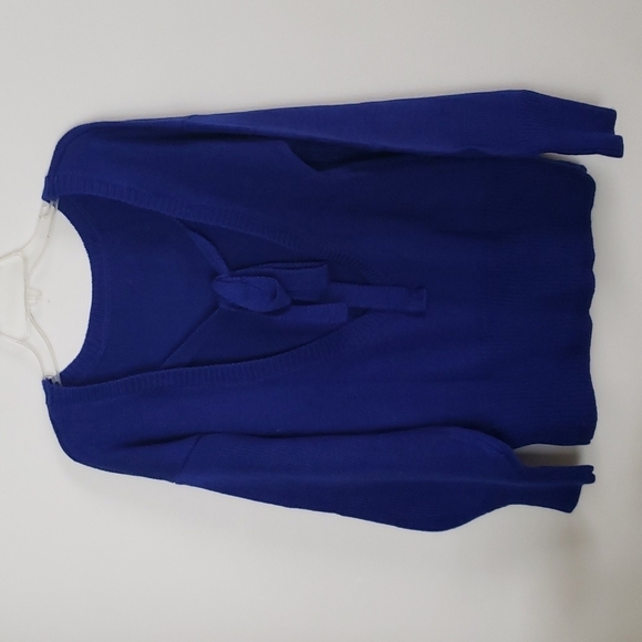 Chunky blue low back balloon sleeve sweater, long, loose crew neck, large - Picture 4 of 8